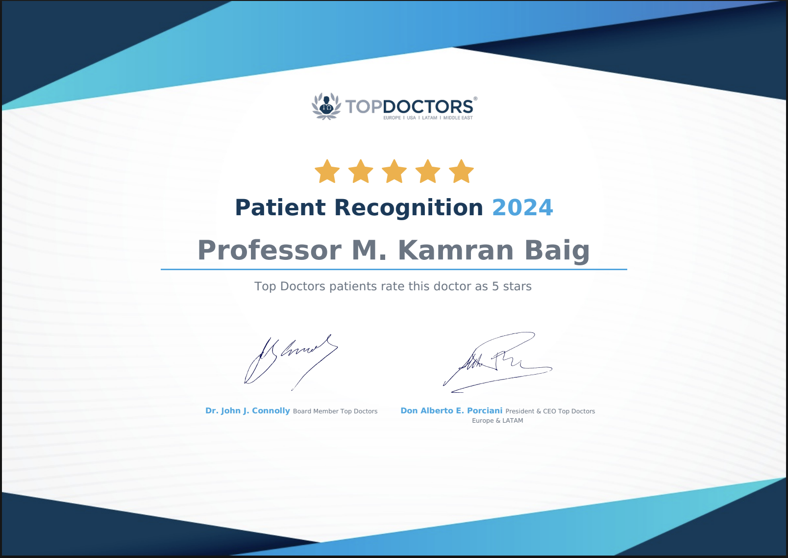 Prof. Kamran Baig Top Doctors Award 2024